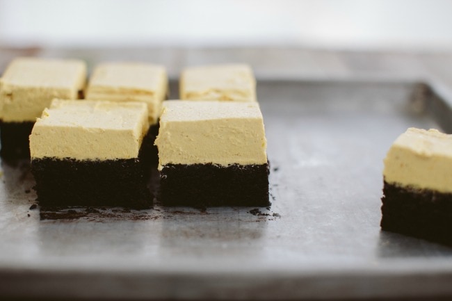 chocolate snack cake with pumpkin buttercream