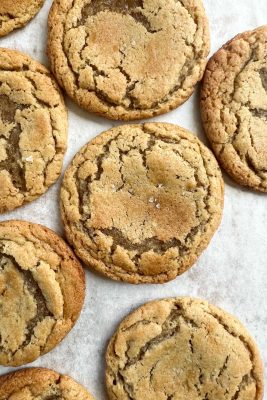 chewy chocolate chipless cookies on parchment paper