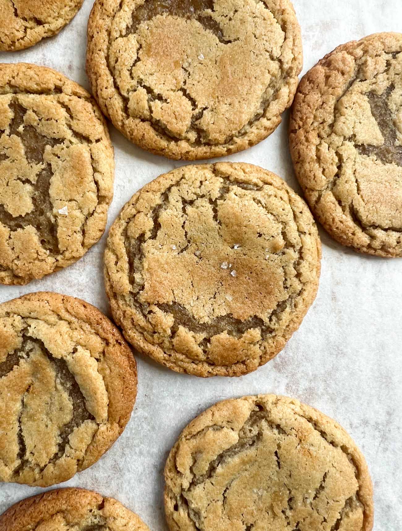 chewy chocolate chipless cookies on parchment paper