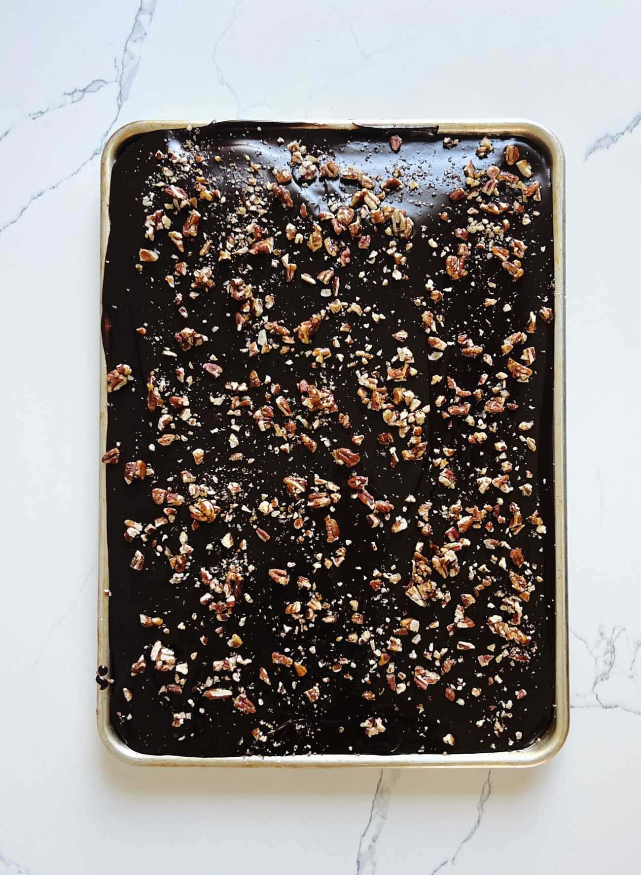 chocolate sheet cake in pan with walnuts