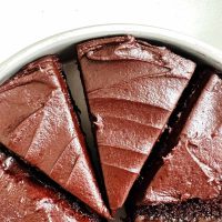 chocolate cake cut into slices, in round pan