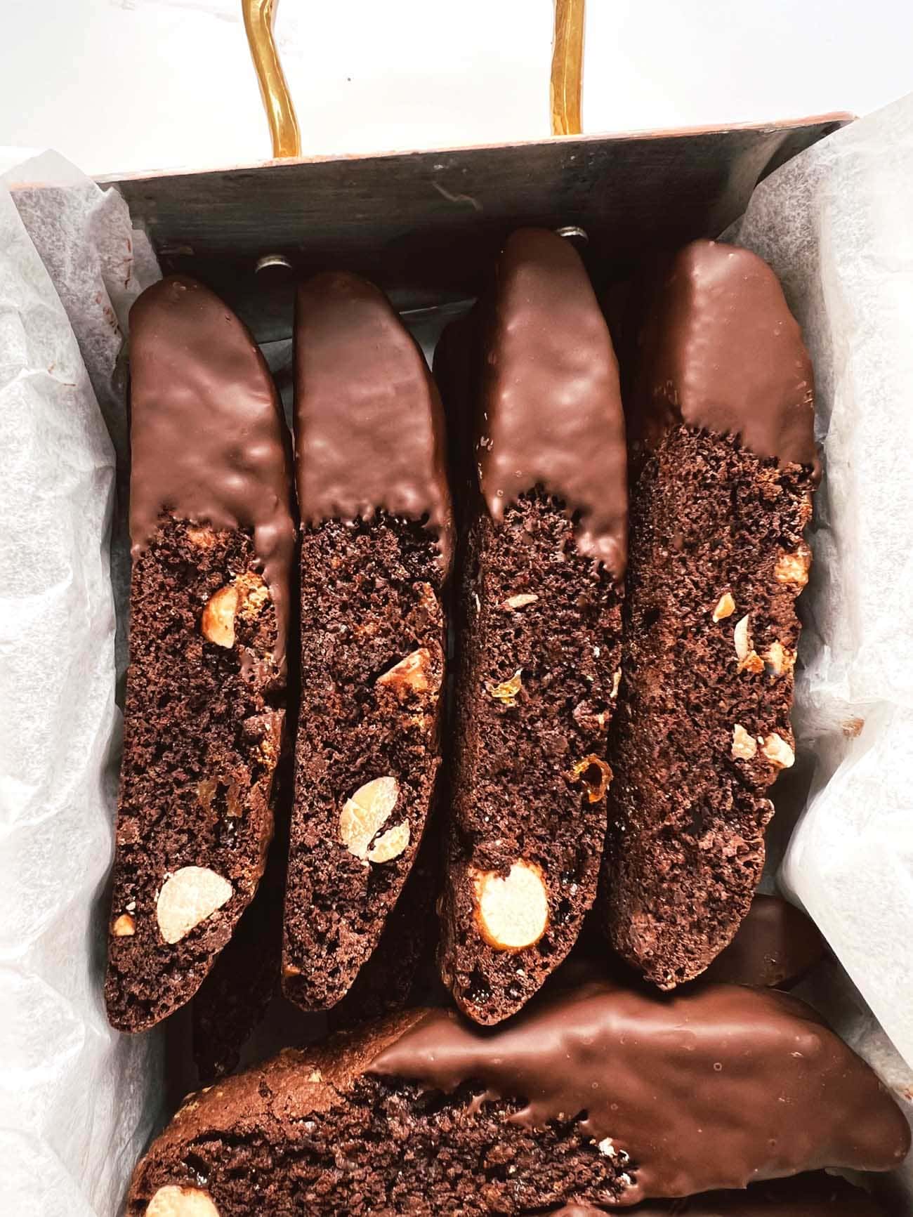 chocolate dipped biscotti in a box