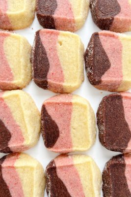 neapolitan shortbread cookies on a sheet pan