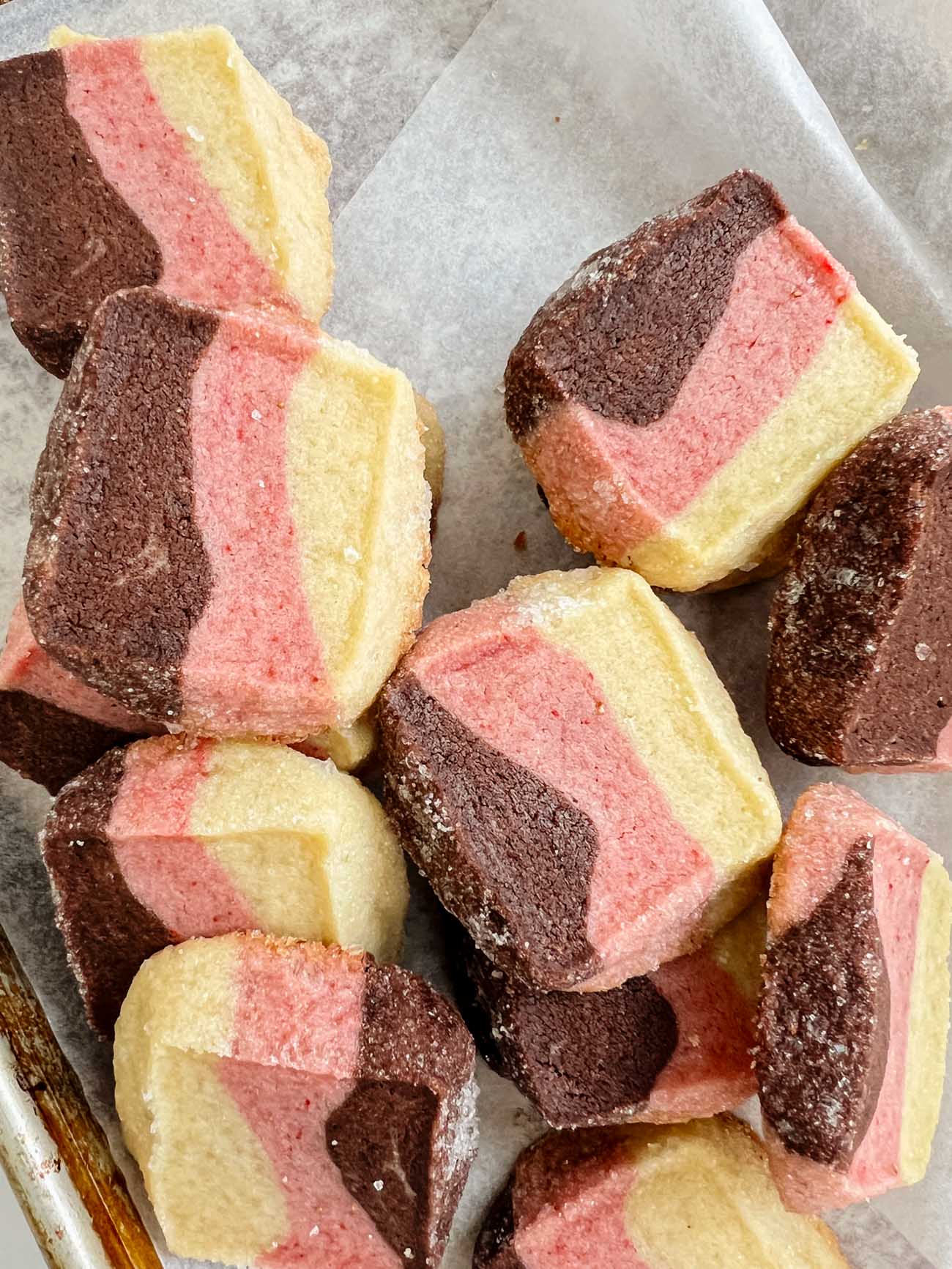 neapolitan shortbread cookies on parchmemt paper