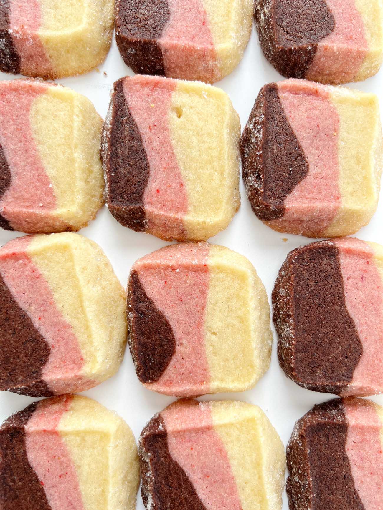 neapolitan shortbread cookies on a sheet pan