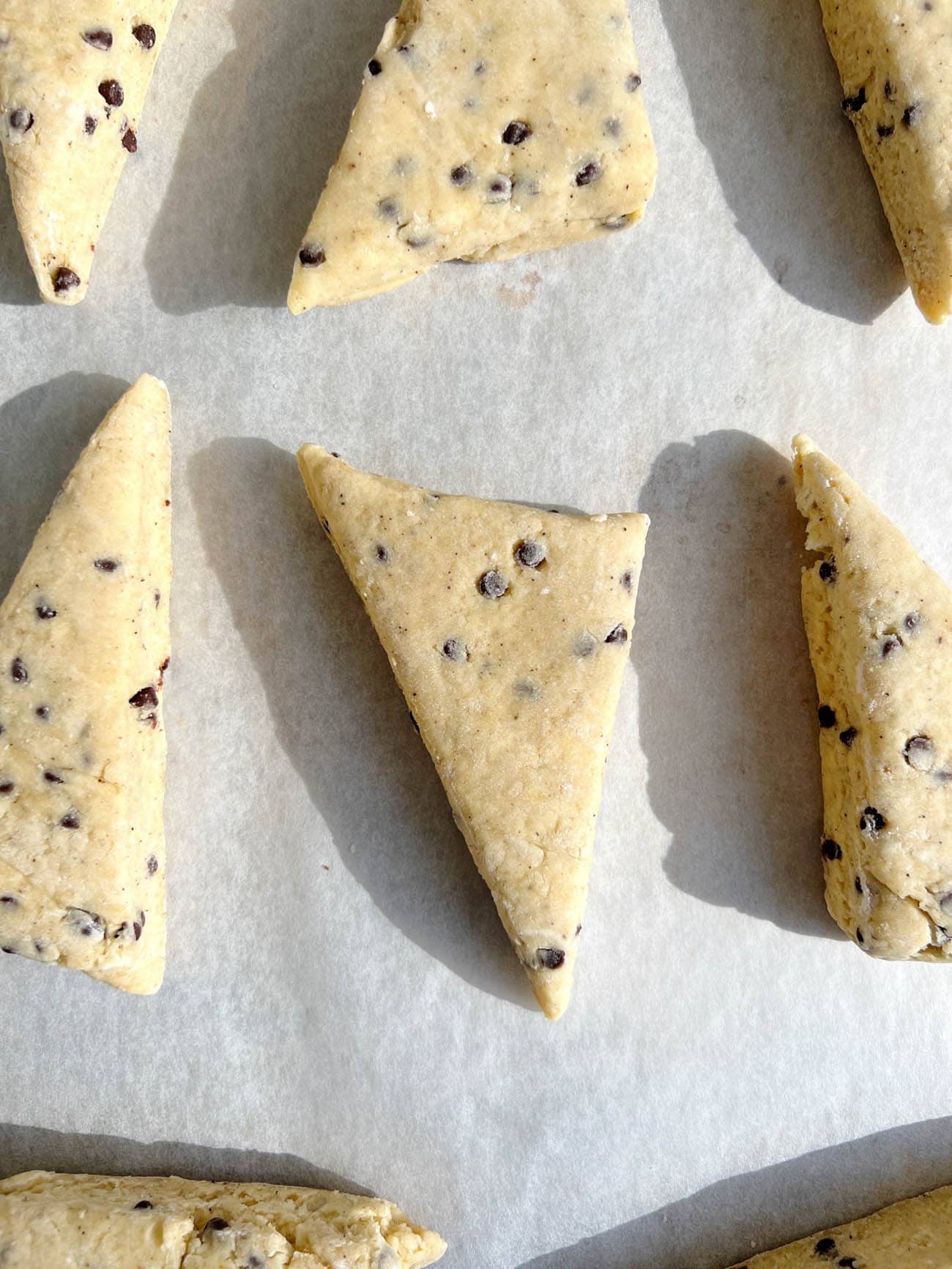 unbaked chocolate chip scones on baking sheet